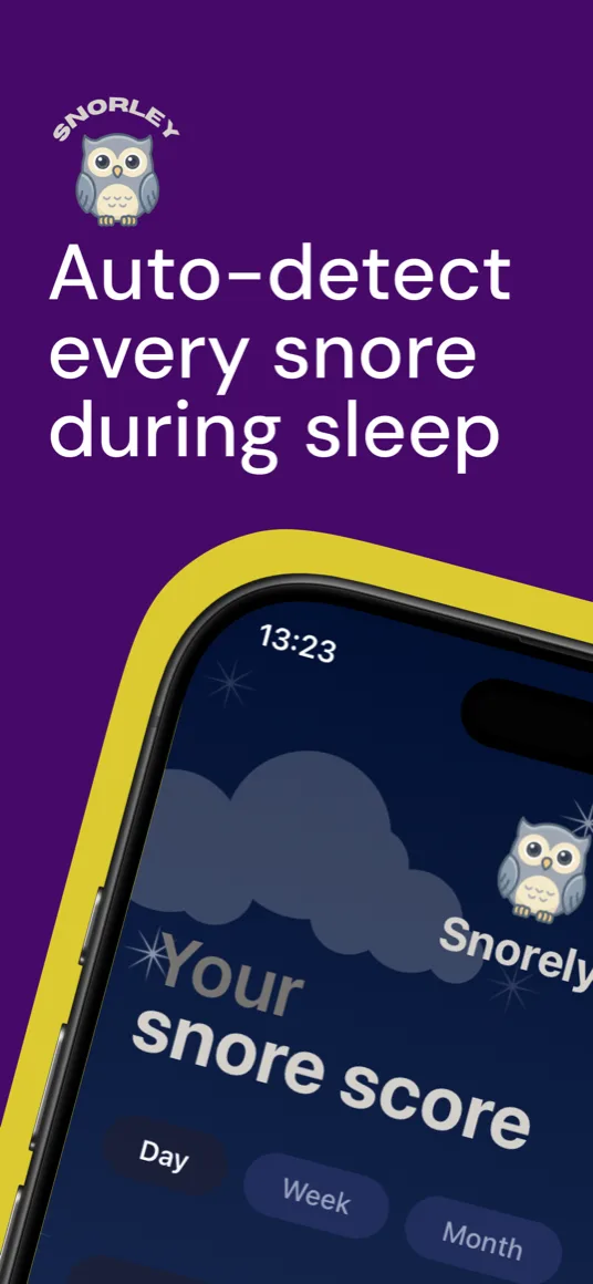 Snorely snore recorder app auto-detecting every snore during sleep, with the nightly Snore Score screen