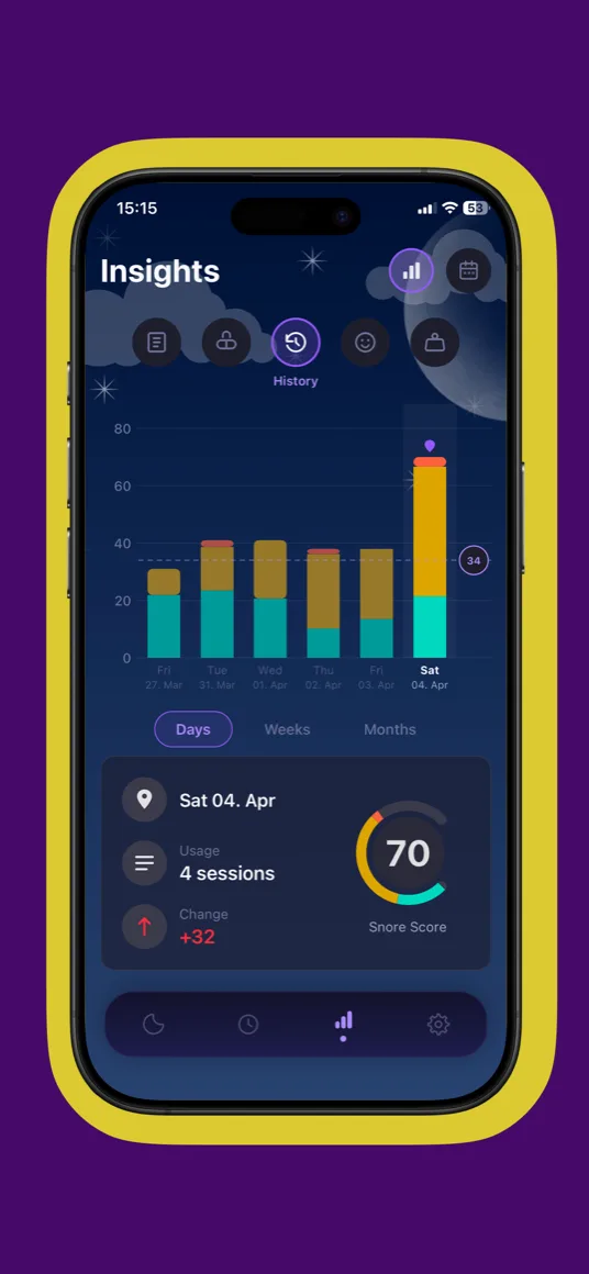 Track snoring progress over time — daily Snore Score history chart in Snorely insights