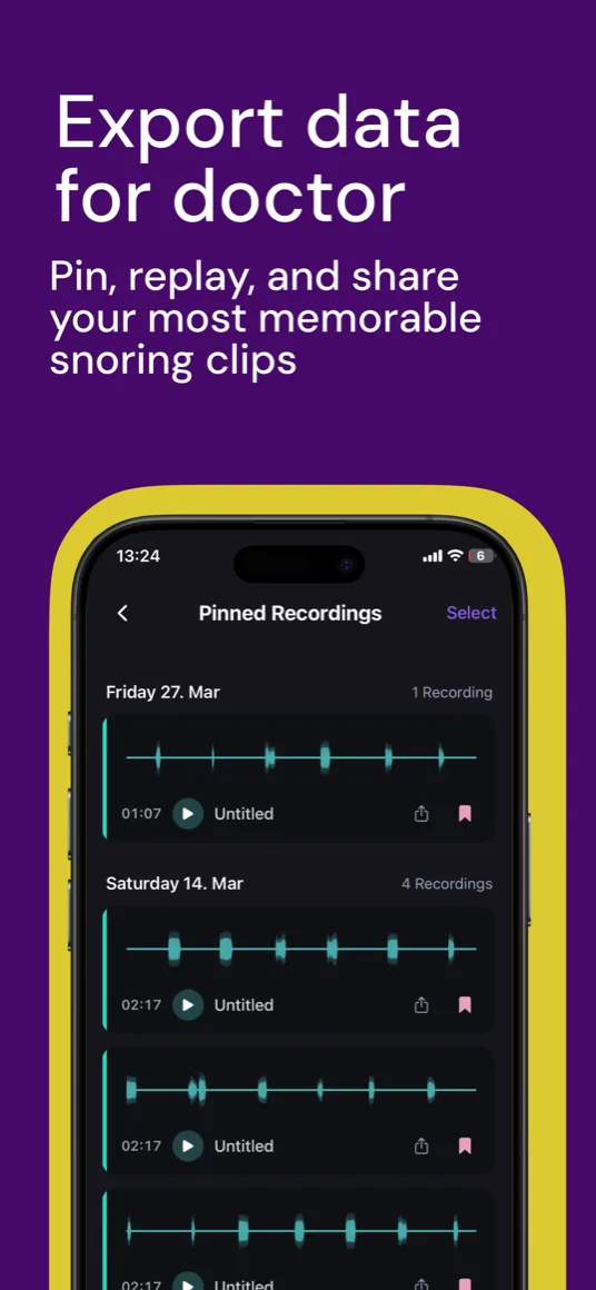 Export sleep data for your doctor — pinned snoring recordings with waveforms in Snorely