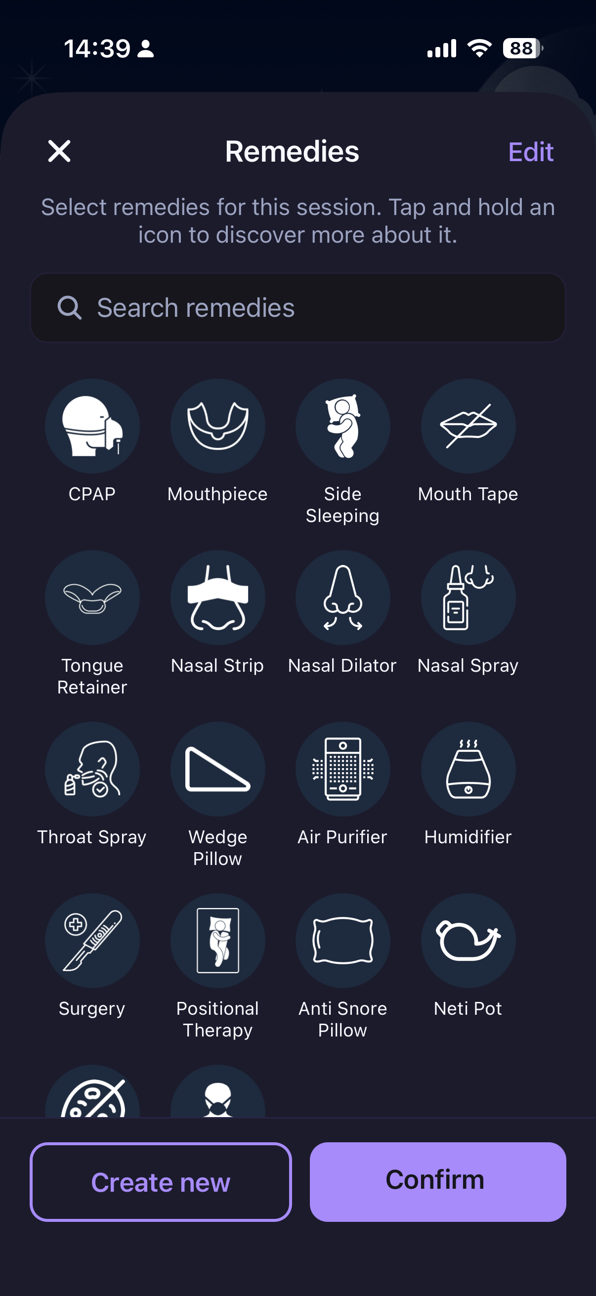Snoring remedies list in the Snorely app — mouthpiece, nasal strips, side sleeping and more to test against your nights